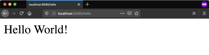 The browser screen displaying the default ‘hello world’ output from our application.